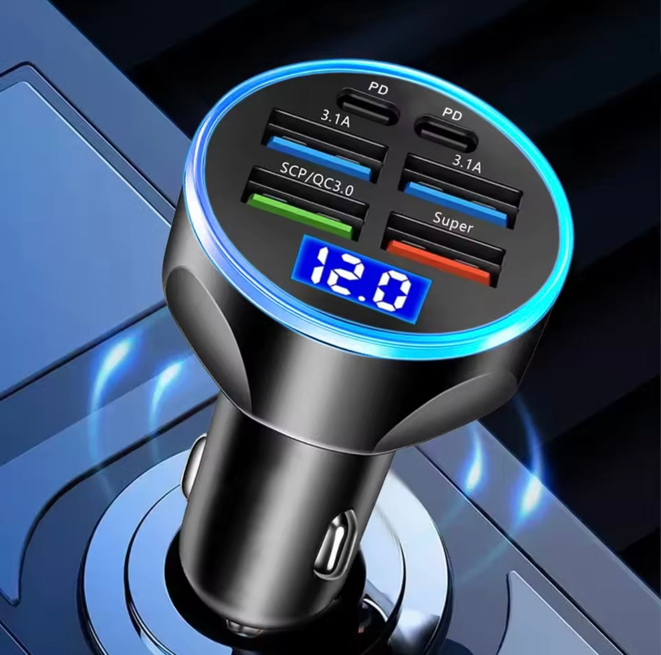 66-250W PD Car Charger QC3.0 Fast Charge One to Six Car Cigarette Lighter Plug Car Charger Flash Charge with Digital Display