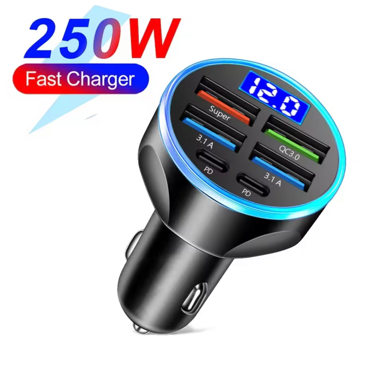 66-250W PD Car Charger QC3.0 Fast Charge One to Six Car Cigarette Lighter Plug Car Charger Flash Charge with Digital Display