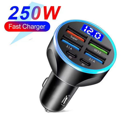 66-250W PD Car Charger QC3.0 Fast Charge One to Six Car Cigarette Lighter Plug Car Charger Flash Charge with Digital Display